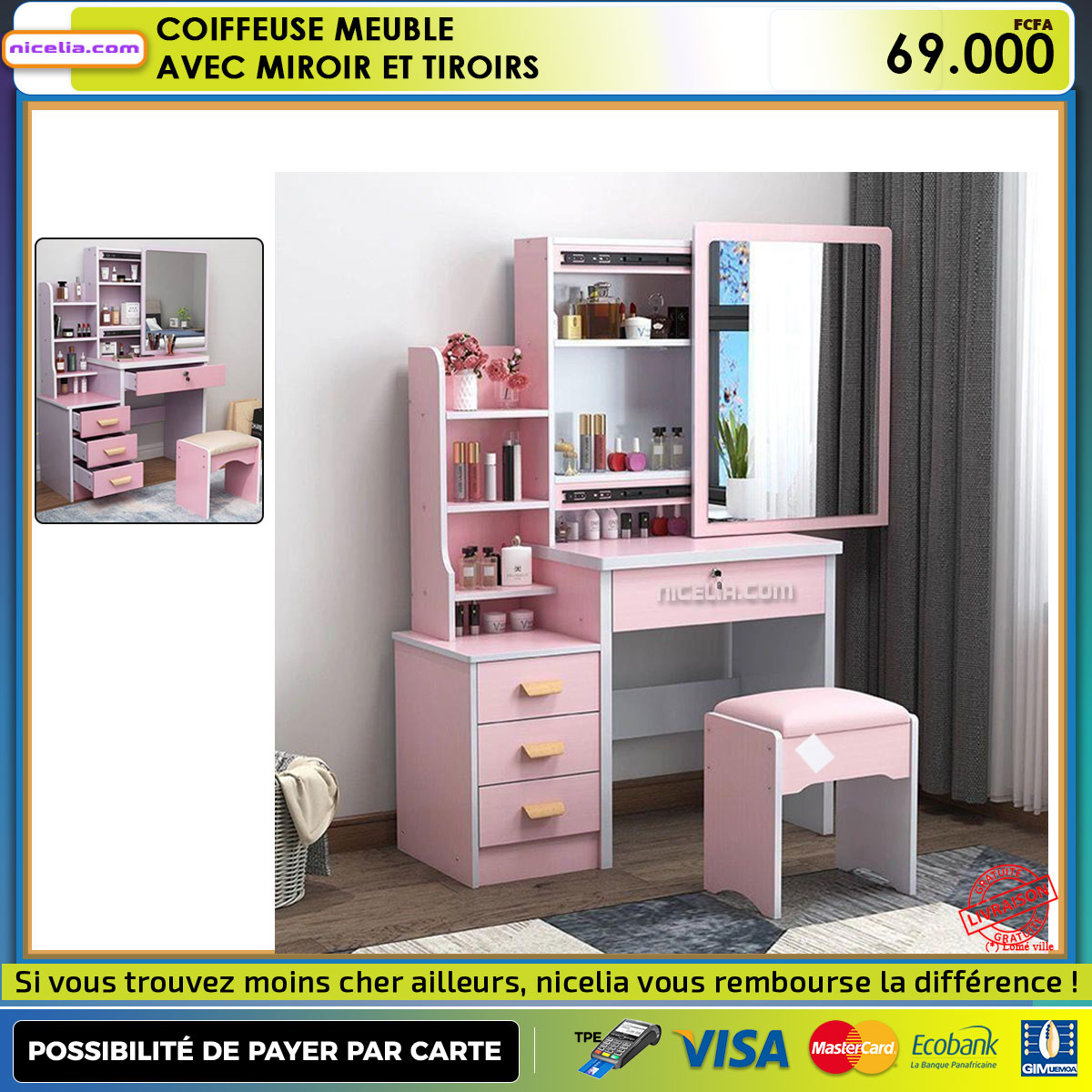 ancien meuble coiffeuse commode a tiroirs Surmonté d'un miroir superbe